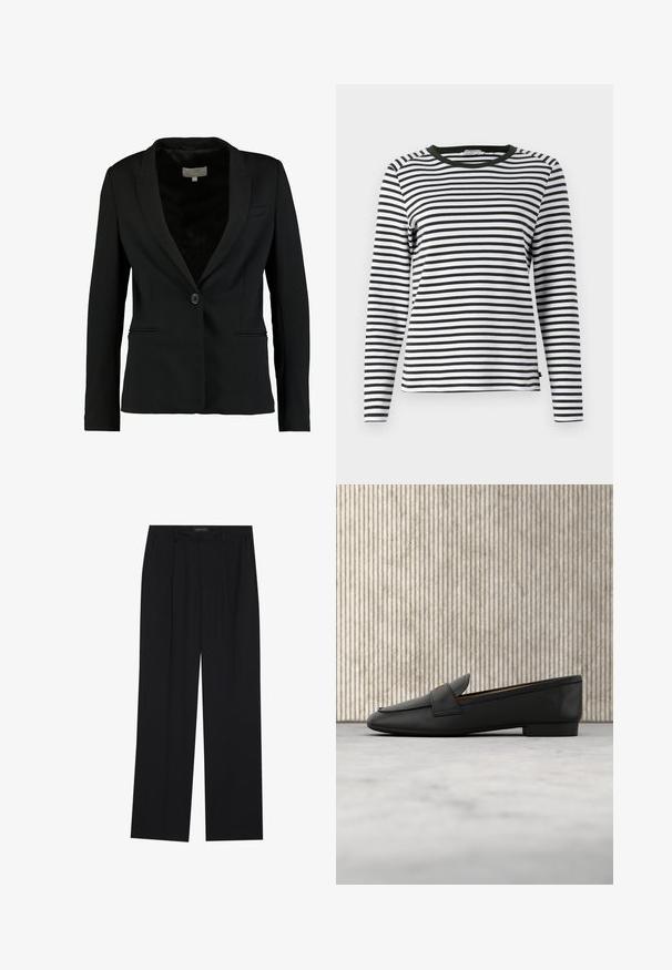 Blazer negro de tela suave, con cierre de un solo botón, solapas de muesca y dos bolsillos frontales, con un ajuste entallado.; Camisa de manga larga a rayas en blanco y negro, con un cuello redondeado verde. Tejido suave con un corte regular y dobladillo recto.; Pantalones negros con un diseño de pierna recta, que cuentan con dos bolsillos frontales y una cinturilla. Fabricados con una tela suave y ligera.; Mocasines de cuero negro con un acento dorado, punta redondeada y textura suave, suspendidos sobre una superficie reflectante con estanterías metálicas.