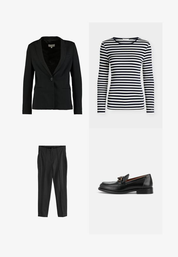 Sort blazer lavet af glat stof, med en enkelt knaplukning, slidser, og to frontlommer samt en skræddersyet pasform.; Langærmet skjorte med navy og hvide horisontale striber og rund halsudskæring, mærket GANT på ærmekanten.; Sorte bukser med en glat tekstur, udstyret med lommer med lynlås foran og udtryksfulde folder. Minimalistisk design med en skræddersyet pasform.; Sort læderloafer med lav hæl, rundet tå og dekorativ metalspænde foran.