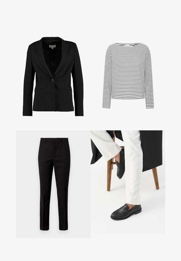 Zwarte blazer van gladde stof, met een enkele knoopsluiting, notch-kraag en twee voorzakken met een getailleerde pasvorm.; Langsleeve top met een bootnek, gemaakt van zachte stof met marineblauwe en witte horizontale strepen. Rechte snit en minimale details.; Zwarte op maat gemaakte broek met een recht pijpontwerp, gemaakt van gladde stof, met een rechte uitvoering aan de voorkant en riemlussen. Geen zichtbare patronen of accenten.; Persoon die zwarte leren loafers en witte broek draagt, zittend op een houten kruk tegen een witte achtergrond.