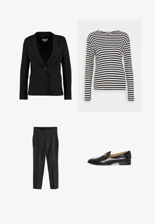 Schwarzer Blazer aus glattem Stoff mit einem Einzelknopfverschluss, Reverskragen und zwei vorderen Taschen in taillierter Passform.; Langärmliges gestreiftes Oberteil mit abwechselnd navy und cremefarbenen horizontalen Streifen, Rundhalsausschnitt und lockerer Passform. Weicher Stoff.; Schwarze Hose mit glatter Textur, ausgestattet mit vorderen Reißverschlusstaschen und ausgeprägten Falten. Minimalistisches Design mit taillierter Passform.; Schwarze Lederloafers mit schlankem Design, flachem Absatz und silberfarbener Hardware-Detail auf der Vorderseite. Glatte Textur mit spitzer Schuhform.