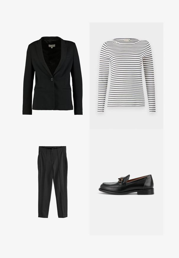 Schwarzer Blazer aus glattem Stoff mit einem Einzelknopfverschluss, Reverskragen und zwei vorderen Taschen in taillierter Passform.; Langärmliges gestreiftes Hemd aus weichem Stoff, mit navy- und weißen horizontalen Streifen, runder Halslinie und schlanker Passform.; Schwarze Hose mit glatter Textur, ausgestattet mit vorderen Reißverschlusstaschen und ausgeprägten Falten. Minimalistisches Design mit taillierter Passform.; Schwarzer Lederloafer mit niedrigem Absatz, runder Spitze und dekorativer Metallschnalle vorne.