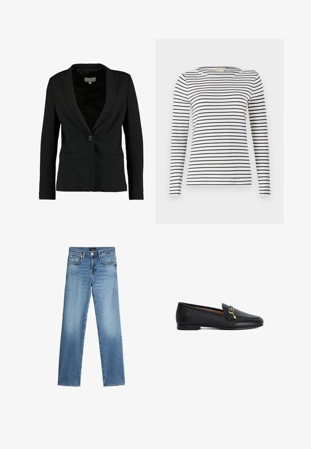 Schwarzer Blazer aus glattem Stoff mit einem Einzelknopfverschluss, Reverskragen und zwei vorderen Taschen in taillierter Passform.; Langärmliges gestreiftes Hemd aus weichem Stoff, mit navy- und weißen horizontalen Streifen, runder Halslinie und schlanker Passform.; Hellblaue Denim-Jeans mit geradem Bein, fünf Taschen und subtiler Ausbleichung. Verfügt über einen klassischen Bund und einen Reißverschluss.; Schwarzer Lederloafer mit flacher Sohle und goldfarbenem Schnallenakzent an der Seite, minimalistisches Design, von der Außenseite gesehen.