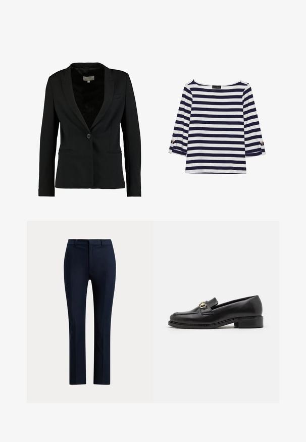 Zwarte blazer van gladde stof, met een enkele knoopsluiting, notch-kraag en twee voorzakken met een getailleerde pasvorm.; Marineblauw en witte gestreepte longsleeve top met een bootnek en gouden knoopaccenten op de opgerolde mouwen. Zachte stof, relaxte pasvorm.; Donker marineblauwe, op maat gemaakte, rechte broek met riemlussen en een rits aan de voorkant op een witte achtergrond.; Zwarte leren instapper met een lage blokhak, voorzien van een goudkleurige hardware accent en gedetailleerde stiksels langs de neus en bovenkant.