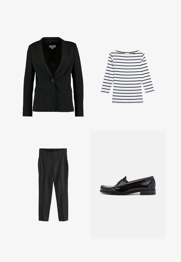 Zwarte blazer van gladde stof, met een enkele knoopsluiting, notch-kraag en twee voorzakken met een getailleerde pasvorm.; Marks & Spencer STRIPED SLASH NECK - Longsleeve - white mix; Zwarte broeken met een gladde textuur, voorzien van ritszakken aan de voorkant en duidelijke plooien. Minimalistisch ontwerp met een getailleerde pasvorm.; Zwarte leren mokassin met een glanzende afwerking, voorzien van franjes aan de voorkant en een lage gestapelde hak.