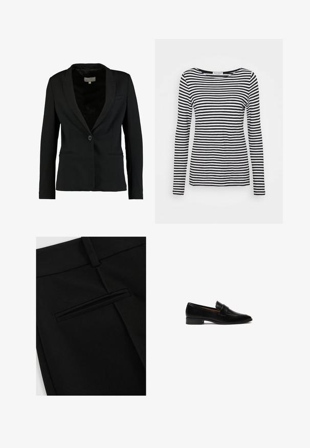 Schwarzer Blazer aus glattem Stoff mit einem Einzelknopfverschluss, Reverskragen und zwei vorderen Taschen in taillierter Passform.; Langärmliges T-Shirt mit Rundhalsausschnitt, das ein schwarz-weiß gestreiftes Muster aufweist. Aus weicherm Stoff und mit regulärer Passform gefertigt. Sauberes, minimalistisches Design.; Schwarze Hose aus glattem Stoff, mit einem flachen Schnitt und einer einzigen Gesäßtasche mit Schlitzöffnung.; Schwarze Lederloafer mit flachem Absatz, ausgestattet mit einem rechteckigen Riemen über dem Vorderfuß und einer glatten, polierten Oberfläche.