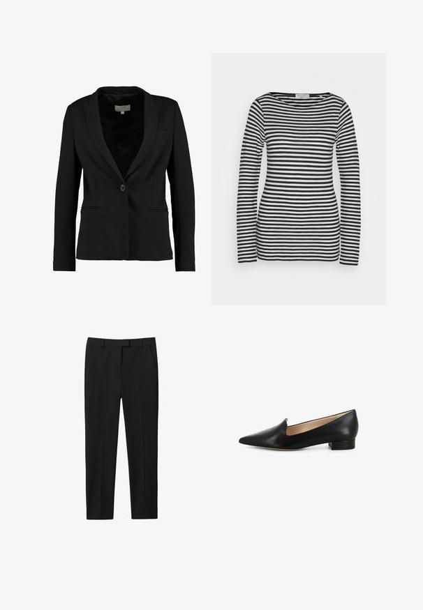 Schwarzer Blazer aus glattem Stoff mit einem Einzelknopfverschluss, Reverskragen und zwei vorderen Taschen in taillierter Passform.; Langarmshirt aus Baumwolle mit horizontalen marineblauen und weißen Streifen, Rundhalsausschnitt, schmaler Schnitt, mit glatter Textur und minimalistischem Design.; Schwarze Hosen mit maßgeschneidertem Design, flachem Bund, zwei seitlichen Taschen und geradem Beinschnitt. Aus glattem Stoff mit einem subtilen Glanz gefertigt.; Schwarze Lederflats mit spitzem Zehenbereich, niedrigem Blockabsatz und Aussparung an der Innenseite. Glatte Textur mit poliertem Finish.