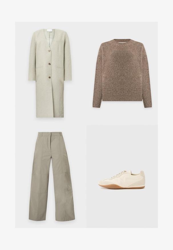 Manteau long gris clair avec un décolleté en V, trois boutons, deux poches latérales et des épaules structurées. Confectionné dans un tissu doux et texturé.; Pull en maille côtelée marron et beige, à manches longues et col rond, présenté sur un fond clair uni.; Pantalon beige à jambes larges avec taille haute, passants pour ceinture, détails de coutures frontales et fermeture avant cachée.; Baskets beige clair avec une tige en cuir texturé, des panneaux latéraux texturés et une semelle en caoutchouc. Dotées d'un design fin et épuré ainsi que de lacets plats.