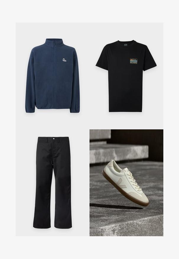 Παντελόνι fleece σε ναυτικό μπλε με πλήρες φερμουάρ, ψηλό γιακά, δύο εμπρόσθιες τσέπες, μικρό λευκό λογότυπο αθλητικού παπουτσιού στο αριστερό στήθος και διακριτικό ανάγλυφο λογότυπο στο αριστερό μανίκι.; Μαύρο κοντομάνικο T-shirt με μικρό πολύχρωμο γραφικό βουνού και ωκεανού και το κείμενο "BILLABONG Adventure division" στο αριστερό στήθος.; Μαύροι παντελόνες με ίσια γραμμή, κατασκευασμένοι από λείο ύφασμα. Διαθέτουν πλαϊνές τσέπες και κούμπωμα με κουμπί στη μέση.; Λευκά δερμάτινα αθλητικά παπούτσια με καφέ καουτσούκ σόλα, επίπεδα κορδόνια και V-σχήμα διακοσμητικό στη πλευρά. Διαθέτουν ομαλή επιφάνεια και ελάχιστες ραφές.