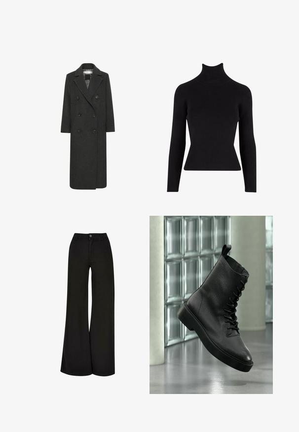 Manteau long croisé en mélange de laine gris foncé, avec un col cranté, six boutons et deux poches avant. Texture lisse.; Pull à col roulé noir à côtes avec des manches longues, silhouette ajustée, tissu texturé et col haut.; Pantalons larges noirs en tissu doux. Fermeture à bouton à l'avant et deux poches latérales. Texture lisse et design minimaliste.; Bottine en cuir noir avec lacets et languette de traction, montrée en suspension devant un fond de blocs de verre givrés et de béton lisse.