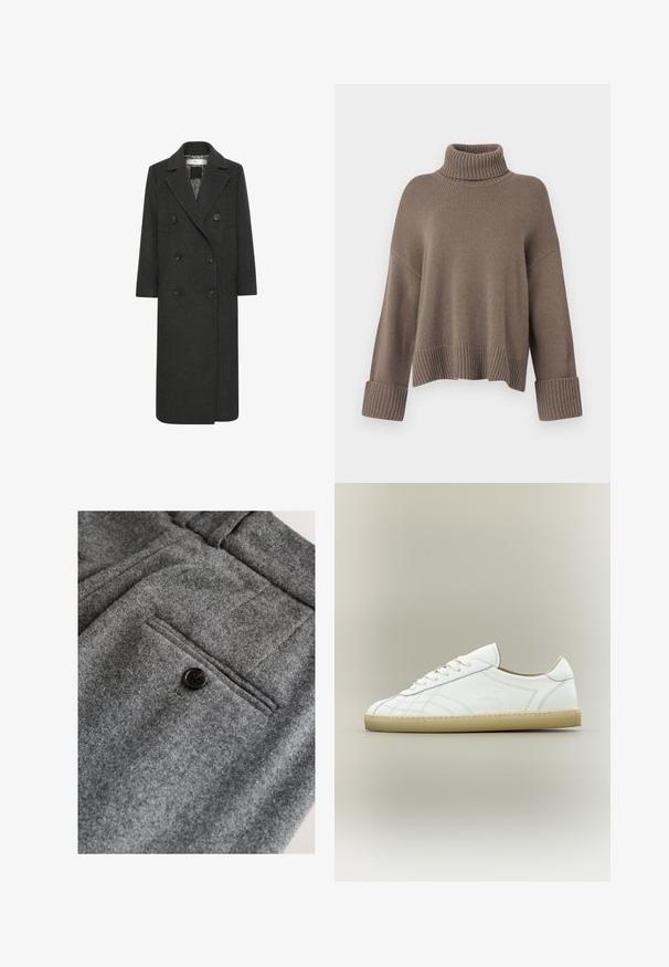 Dubbelzijdige lange jas van donkergrijze wolmix, met een notch-kraag, zes knopen en twee voorzakken. Soepele textuur.; Taupe losvallend ribgebreid trui met brede manchetten en een dikke opgerolde turtle neck kraag.; Grijze wollen broek met een platte voorkant, een enkele achterzak met een zwarte knoop en een zachte, gestructureerde afwerking.; Witte lage leren sneaker met beige zool, vetersluiting en subtiele gestikte patronen op een neutrale achtergrond.