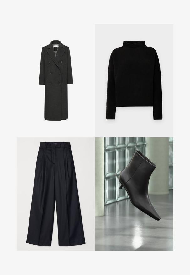 Manteau long croisé en mélange de laine gris foncé, avec un col cranté, six boutons et deux poches avant. Texture lisse.; Pull en col roulé noir en tissu doux, avec des manches longues et une coupe décontractée, présentant des coutures minimales et sans embellissements visibles.; Pantalons noirs à jambes larges en tissu lisse, dotés d'une taille haute, de plis et d'une coupe ajustée. Quincaillerie noire simple à la taille.; Bottine en cuir noir avec bout pointu et petit talon, présentée devant un mur en blocs de verre et un sol poli.