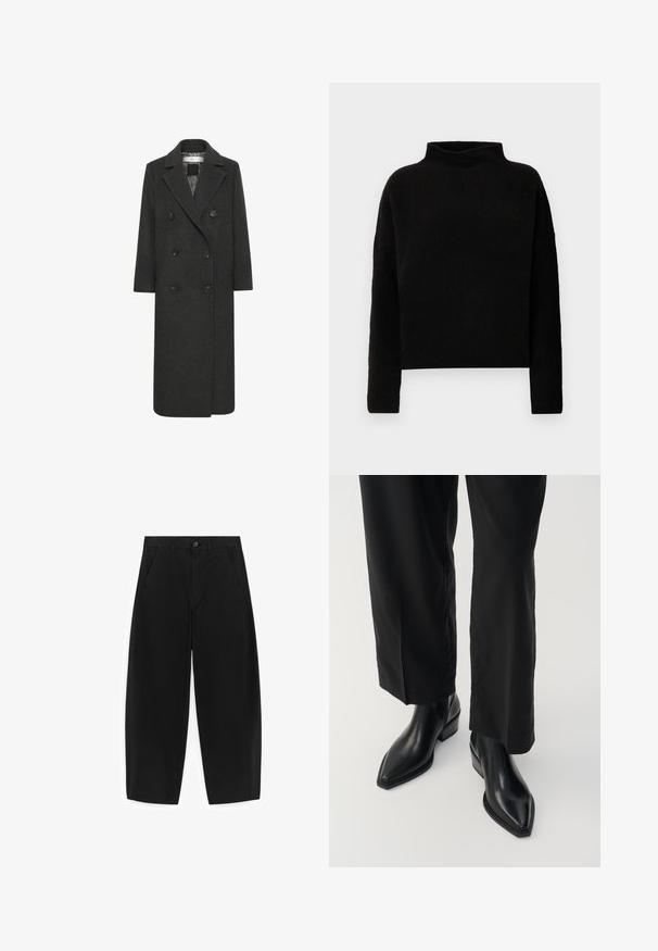 Manteau long croisé en mélange de laine gris foncé, avec un col cranté, six boutons et deux poches avant. Texture lisse.; Pull en col roulé noir en tissu doux, avec des manches longues et une coupe décontractée, présentant des coutures minimales et sans embellissements visibles.; Pantalon noir à jambes larges et coupe courte avec poches avant, passants pour ceinture et fermeture à bouton, présenté sur un fond blanc.; Bottes noires en cuir à la cheville avec un bout pointu, texture lisse et un talon carré. Associées à un pantalon noir à jambes larges, elles créent une silhouette élégante.