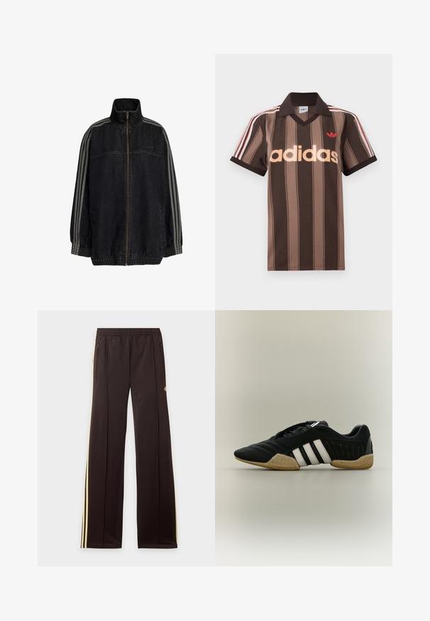 Sort denimjakke med høy krage, frontglidelås, elastiske mansjetter og sidelommer. Har grå stripete detaljer på ermene.; Brunstripet Adidas-poloskjorte med V-hals, burgunder krage og rødt logo. Har hvite og røde skulderstriper, korte ermer.; Sorte treningsbukser med gule sidestriper, elastisk midjebånd, glidelåslommer på siden og en liten logo på øvre lår.; Sort atletisk sko med hvite striper og beige teksturert såle på en nøytral bakgrunn, vist i sideprofil.