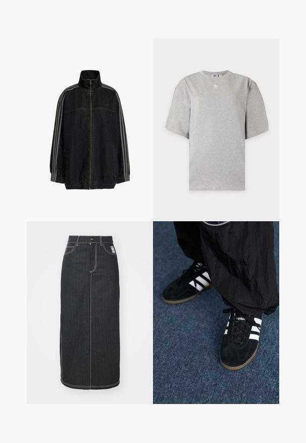 Sort denimjakke med høy krage, frontglidelås, elastiske mansjetter og sidelommer. Har grå stripete detaljer på ermene.; Lysegrå Adidas t-skjorte med korte ermer, rund hals og lite hvitt Adidas-logo på brystet, vist på en ensfarget bakgrunn.; Svart denim midi-skjørt med hvite vertikale striper. Har knapp i midjen, to frontlommer og kontrastsøm. Rette linjer.; Svarte semskede joggesko med tre hvite striper og svarte snøring. Et teksturert svart bukse er delvis synlig ved siden av skoene.
