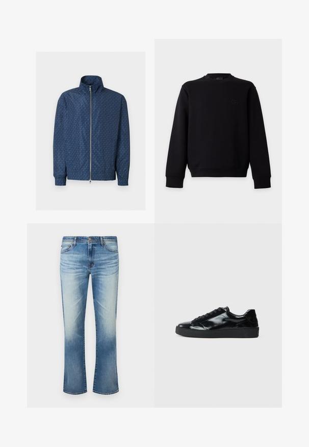 Veste zippée bleu marine avec motif répétitif du logo "MK" sur l'ensemble, col montant, poignets élastiques et double fermeture éclair argentée à l'avant.; Sweat noir à manches longues avec col rond, petit logo brodé discret sur la poitrine gauche et bord-côtes aux poignets et à l'ourlet.; Jean droit délavé bleu pour hommes avec fermeture à bouton et design à cinq poches sur fond blanc.; Baskets en cuir verni noir avec un bout arrondi, un laçage, une semelle en caoutchouc texturé et une finition lisse.