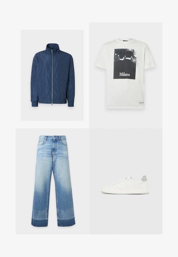 Veste zippée bleu marine avec motif répétitif du logo "MK" sur l'ensemble, col montant, poignets élastiques et double fermeture éclair argentée à l'avant.; T-shirt en coton blanc avec un imprimé graphique en noir et blanc, texte "Emporio Armani" et "Milano" en noir au centre, manches courtes.; Jean en denim bleu clair à coupe large avec des détails délavés et des blocs de couleur plus foncés près de l'ourlet, bouton devant et poches visibles.; Baskets basses blanches avec un onglet de talon gris, des lacets blancs et une semelle texturée, présentées sur un fond uni clair.