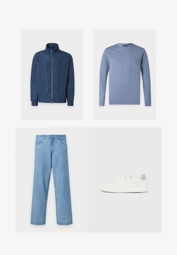 Veste zippée bleu marine avec motif répétitif du logo "MK" sur l'ensemble, col montant, poignets élastiques et double fermeture éclair argentée à l'avant.; Chemise bleu clair à manches longues avec col rond et logo Emporio Armani en relief centré sur la poitrine, fond blanc.; Jean en denim bleu clair à jambes droites avec poches devant, passants de ceinture et fermeture par bouton, sur fond uni.; Baskets basses blanches avec un onglet de talon gris, des lacets blancs et une semelle texturée, présentées sur un fond uni clair.
