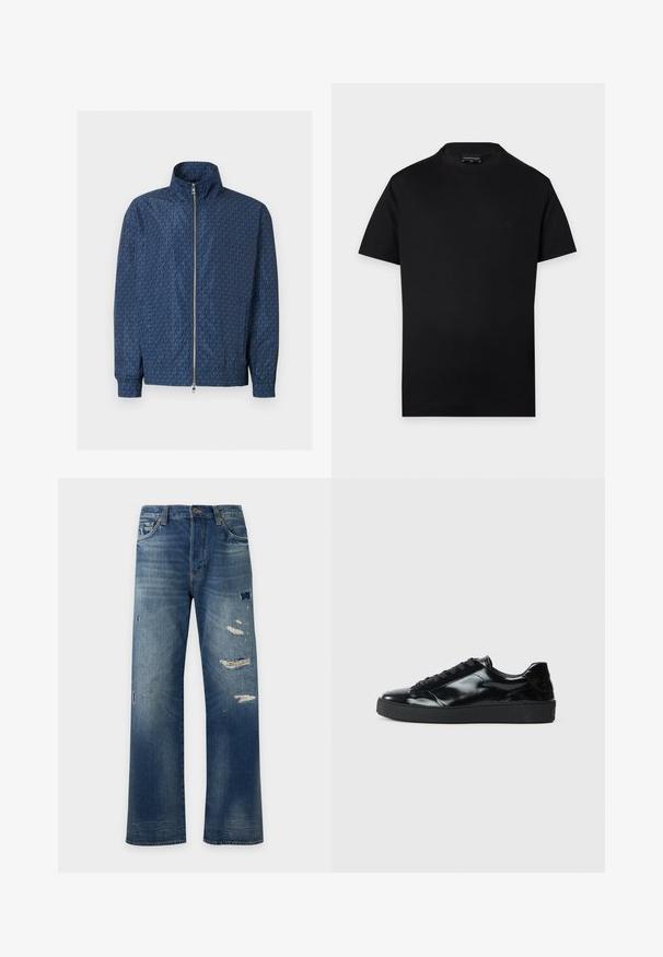 Veste zippée bleu marine avec motif répétitif du logo "MK" sur l'ensemble, col montant, poignets élastiques et double fermeture éclair argentée à l'avant.; T-shirt noir uni à manches courtes avec col rond, petit logo discret sur la poitrine et étiquette visible dans le cou sur fond gris.; Jean en denim bleu coupe droite avec des zones délavées et plusieurs patches usés sur l'avant des cuisses et des genoux.; Baskets en cuir verni noir avec un bout arrondi, un laçage, une semelle en caoutchouc texturé et une finition lisse.