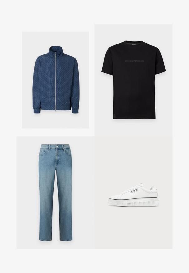 Veste zippée bleu marine avec motif répétitif du logo "MK" sur l'ensemble, col montant, poignets élastiques et double fermeture éclair argentée à l'avant.; T-shirt noir à manches courtes et col rond avec un logo Emporio Armani sombre en relief subtil sur la poitrine, sur fond blanc.; Jean en denim bleu clair à coupe droite, avec cinq poches et une fermeture par bouton à la taille. Détails de couture le long des coutures.; Baskets blanches Karl Lagerfeld avec logo texte noir et semelle épaisse transparente sur un fond clair uni.