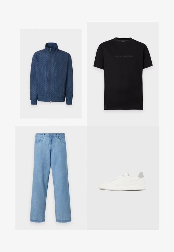 Veste zippée bleu marine avec motif répétitif du logo "MK" sur l'ensemble, col montant, poignets élastiques et double fermeture éclair argentée à l'avant.; T-shirt noir à manches courtes et col rond avec un logo Emporio Armani sombre en relief subtil sur la poitrine, sur fond blanc.; Jean en denim bleu clair à jambes droites avec poches devant, passants de ceinture et fermeture par bouton, sur fond uni.; Baskets basses blanches avec un onglet de talon gris, des lacets blancs et une semelle texturée, présentées sur un fond uni clair.