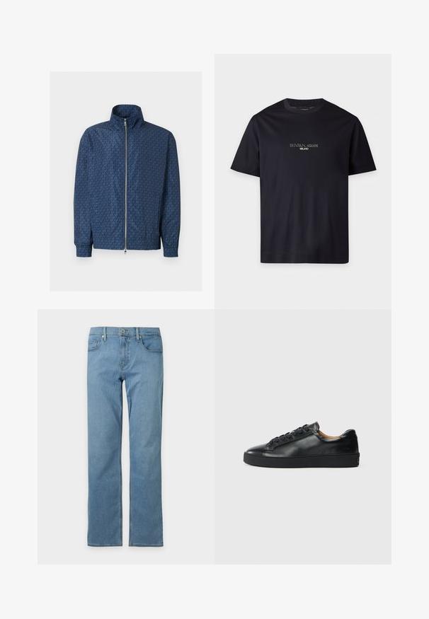 Veste zippée bleu marine avec motif répétitif du logo "MK" sur l'ensemble, col montant, poignets élastiques et double fermeture éclair argentée à l'avant.; T-shirt noir à manches courtes avec col rond, texte "EMPORIO ARMANI MILANO" centré sur la poitrine en petite police blanche.; Jean bleu clair à jambes droites avec poches avant, passants pour ceinture, bouton et fermeture éclair sur un fond uni clair.; Baskets en cuir noir avec une texture lisse, bout rond et fermeture à lacets. Comprend une semelle en caoutchouc épaisse et un minimum de détails de marque.