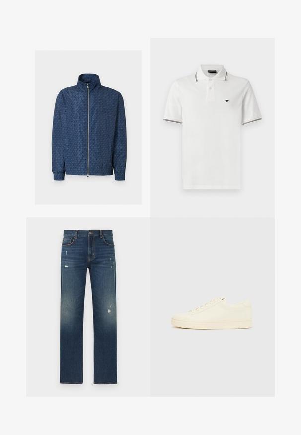 Veste zippée bleu marine avec motif répétitif du logo "MK" sur l'ensemble, col montant, poignets élastiques et double fermeture éclair argentée à l'avant.; Polo blanc à manches courtes avec bordure rayée noire sur le col et les poignets, patte de boutonnage à deux boutons, et petit logo noir sur le côté gauche de la poitrine.; Jean en denim bleu avec une coupe droite, présentant un léger effet usé et décoloré, cinq poches et une fermeture par bouton à la taille.; Baskets couleur crème avec une tige en cuir lisse, bout arrondi, laçage à l'avant et semelle en caoutchouc texturée. Design minimaliste, sans logo.