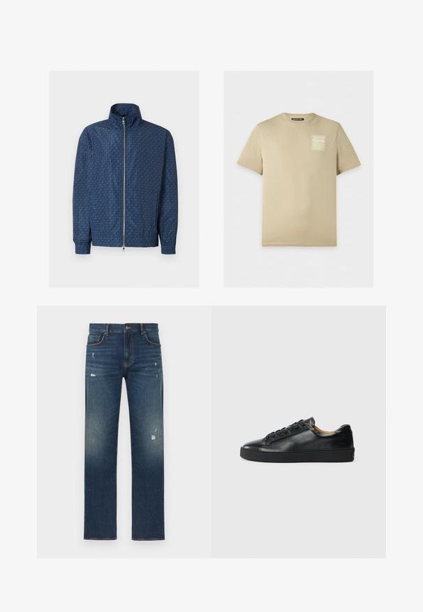 Veste zippée bleu marine avec motif répétitif du logo "MK" sur l'ensemble, col montant, poignets élastiques et double fermeture éclair argentée à l'avant.; T-shirt beige manches courtes Michael Kors avec col rond et petit logo carré blanc en contour sur la poitrine gauche.; Jean en denim bleu avec une coupe droite, présentant un léger effet usé et décoloré, cinq poches et une fermeture par bouton à la taille.; Baskets en cuir noir avec une texture lisse, bout rond et fermeture à lacets. Comprend une semelle en caoutchouc épaisse et un minimum de détails de marque.