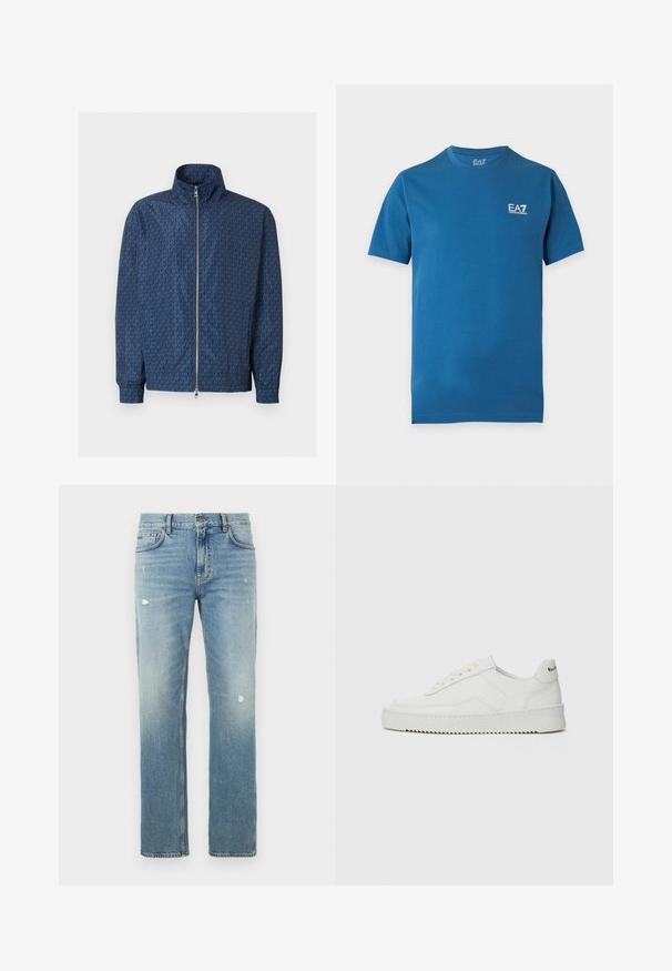 Veste zippée bleu marine avec motif répétitif du logo "MK" sur l'ensemble, col montant, poignets élastiques et double fermeture éclair argentée à l'avant.; T-shirt bleu à manches courtes avec col rond et petit logo blanc EA7 Emporio Armani sur la partie supérieure gauche de la poitrine.; Jean en denim bleu clair avec une coupe droite, présentant des zones délavées et de petites déchirures. Design classique à cinq poches et passants pour ceinture.; Baskets en cuir blanc avec une finition lisse, bout arrondi, lacets plats et semelle texturée. Présente un logo discret sur le talon.