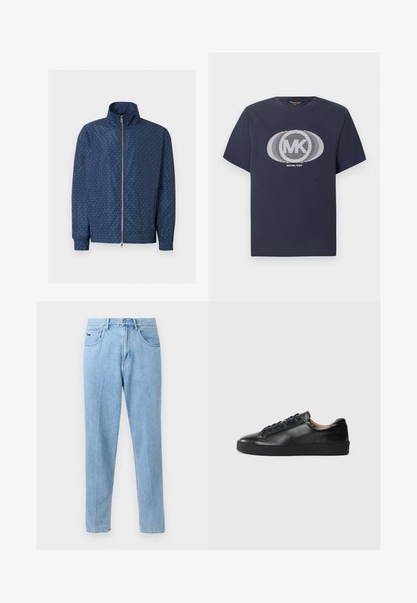 Veste zippée bleu marine avec motif répétitif du logo "MK" sur l'ensemble, col montant, poignets élastiques et double fermeture éclair argentée à l'avant.; T-shirt manches courtes bleu marine avec un logo circulaire « MK » à rayures blanches et le texte « Michael Kors » centré sur la poitrine.; Jean en denim bleu clair à coupe droite avec poches avant, passants de ceinture et fermeture à bouton sur un fond neutre.; Baskets en cuir noir avec une texture lisse, bout rond et fermeture à lacets. Comprend une semelle en caoutchouc épaisse et un minimum de détails de marque.