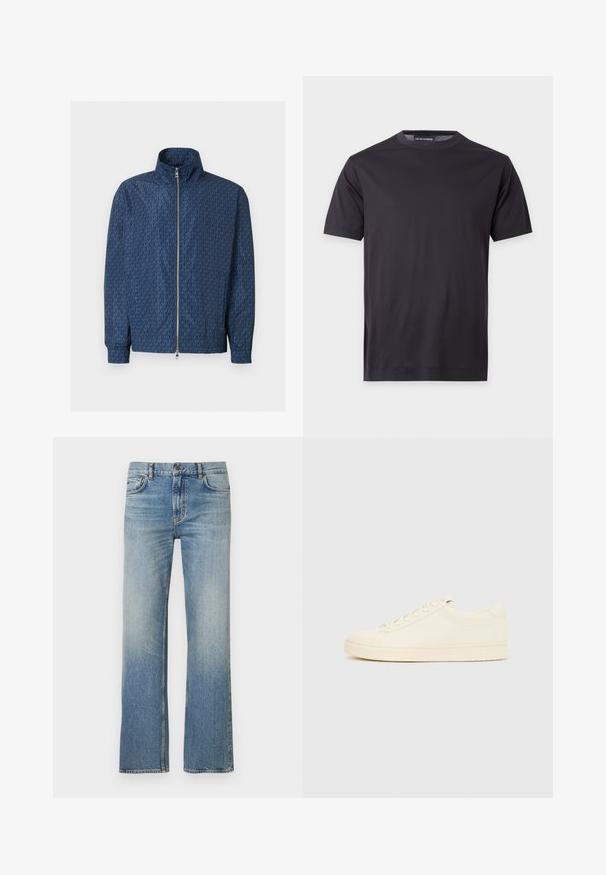 Veste zippée bleu marine avec motif répétitif du logo "MK" sur l'ensemble, col montant, poignets élastiques et double fermeture éclair argentée à l'avant.; T-shirt noir uni à manches courtes avec col rond, avec un petit logo ton sur ton sur la poitrine gauche et une étiquette de marque au niveau du col.; Jean en denim bleu clair avec une coupe droite, présentant une finition délavée, un design classique à cinq poches et des coutures contrastées.; Baskets couleur crème avec une tige en cuir lisse, bout arrondi, laçage à l'avant et semelle en caoutchouc texturée. Design minimaliste, sans logo.