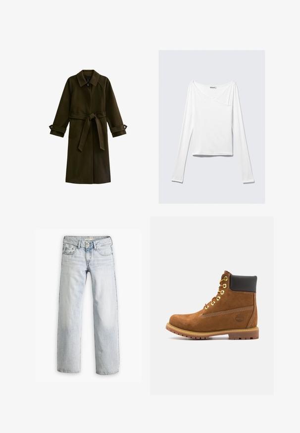 Long manteau vert olive en matériau doux, doté d'une taille ceinturée, de poignets boutonnés et de deux poches latérales. Design de col classique.; Haut blanc à manches longues avec un design croisé et une poche. Fabriqué dans un tissu lisse et extensible. Coupé dans une coupe décontractée et ample.; Jean en denim bleu clair avec une coupe décontractée, taille haute et design à cinq poches. Éléments de surpiqûre et fermeture à bouton.; Bottine en suede marron avec col rembourré noir, œillets en or, devant à lacets et semelle en caoutchouc avec un motif texturé.