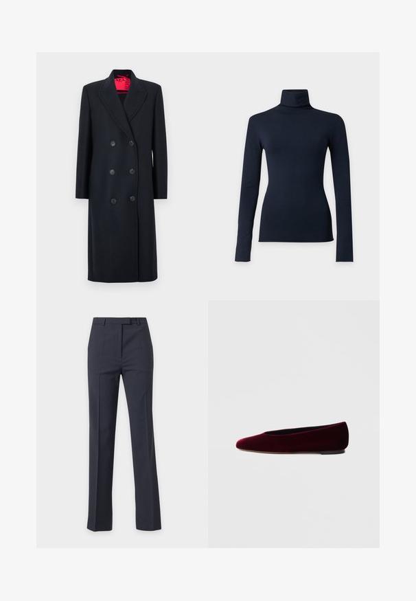 Manteau noir croisé en tissu texturé, avec de grands boutons noirs, un col à revers et une doublure intérieure rouge vif.; Haut col roulé bleu marine à manches longues avec une silhouette ajustée, présenté sur un fond uni gris clair.; Pantalon droit ajusté pour femme, bleu marine foncé, avec passants de ceinture et pli sur le devant, présenté sur un fond clair uni.; Ballerines en velours bordeaux avec un bout arrondi et un talon bas, présentant une texture lisse et un design élégant.