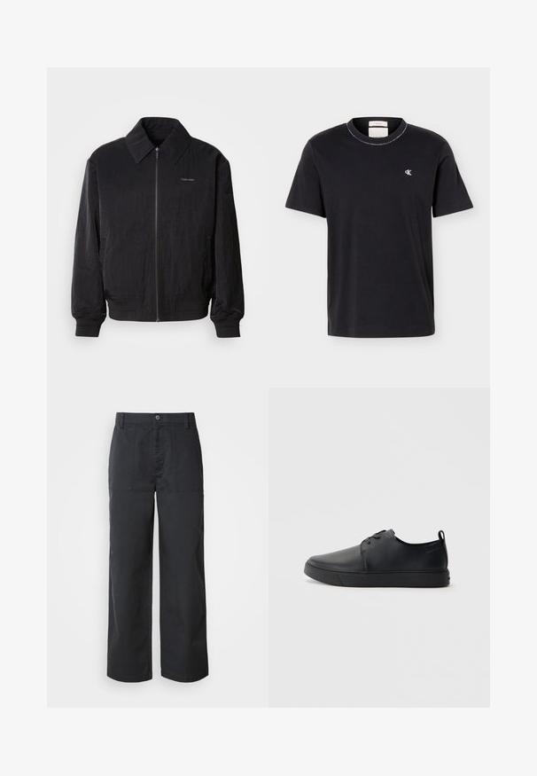 Veste bomber noire zippée en tissu texturé, avec un grand col, des poignets élastiques et une taille élastique. Présente un petit logo sur la poitrine.; T-shirt noir à manches courtes et col rond avec petit logo blanc "cK" sur le côté gauche de la poitrine, coupe classique, design simple.; Pantalon à jambes larges en tissu de coton bleu marine foncé, avec poches plaquées à l'avant et fermeture par bouton. Texture lisse avec un design minimaliste.; Baskets en cuir noir avec une finition lisse, bout arrondi, coutures ton sur ton, devant à lacets et semelle plate en caoutchouc. Anse au talon.