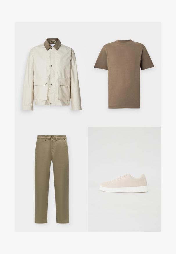 Veste beige clair avec un col en velours côtelé marron, deux poches avant, fermeture à snaps et une texture lisse. Design décontracté adapté au superposition.; T-shirt en coton marron à manches courtes, col rond et coupe droite. Texture lisse, coutures minimales et pas de logos visibles.; Pantalon droit kaki avec bouton et fermeture éclair, passants de ceinture et poches latérales sur un fond clair uni.; Baskets en daim beige avec semelles en caoutchouc blanc, bout rond et six œillets pour les lacets. Texture lisse avec un design minimaliste.