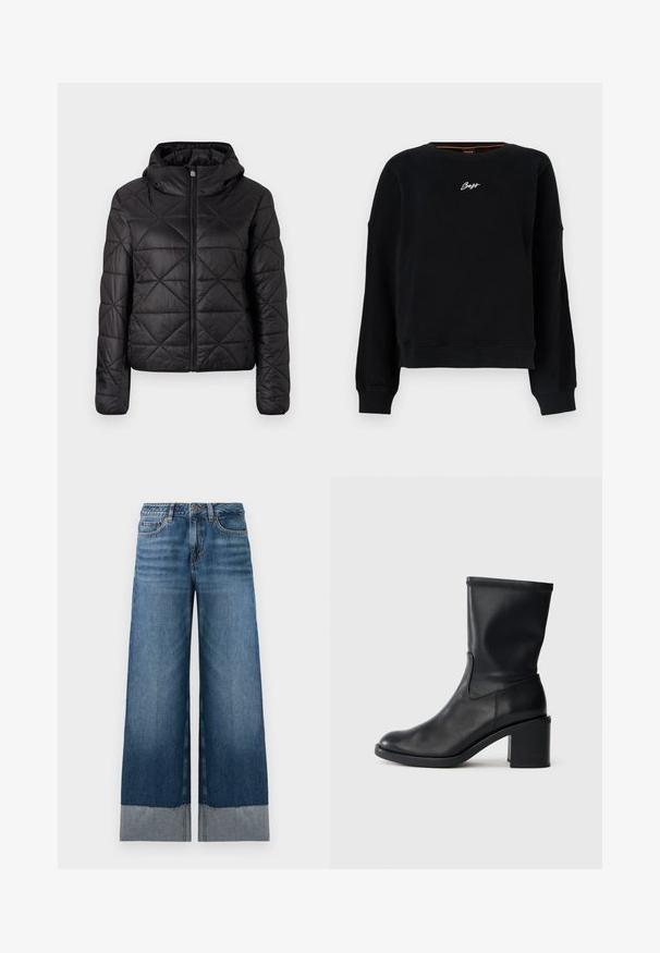 Zwarte gewatteerde jas met een capuchon, voorzien van een rits aan de voorkant en een zachte, gladde textuur. Ruitpatroon over de stof.; Zwarte sweatshirts met lange mouwen, geribde manchetten en zoom, met een klein wit "Boss"-logo in het midden van de borst.; Brede jeans in blauw met een verloop van donker naar lichter denim, voorzien van een rafelzoom en subtiele stiksels. Klassiek vijfzakkenontwerp.; Zwarte leren enkellaars met een ronde neus, een gladde textuur en een chunky hak, met een strak schacht en subtiele stiksels.
