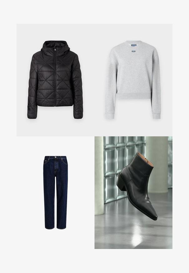Zwarte gewatteerde jas met een capuchon, voorzien van een rits aan de voorkant en een zachte, gladde textuur. Ruitpatroon over de stof.; Grijze sweatshirt met een ronde hals, lange mouwen en geribbelde manchetten. Bevat een klein blauw logo-label op de bovenste voorkant. Zachte textuur.; Donkerblauwe denim jeans met een straight-leg ontwerp, voorzien van een hoge taille, vijf zakken en contrasterende stiksels. Geen versieringen.; Zwarte leren enkellaars met een spitse neus en blokhak die zweeft boven een reflecterende grijze vloer nabij een glazen blokmuur.