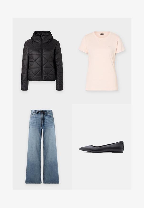 Veste matelassée noire avec capuche, dotée d'une fermeture éclair frontale et d'une texture douce et lisse. Motif en diamant sur le tissu.; T-shirt rose clair à manches courtes avec col rond, petit logo BOSS embossé sur la poitrine gauche et étiquette noire à l'intérieur du col.; Jean en denim à jambes larges de couleur bleu clair avec une texture délavée. Équipé d'une taille ajustable avec un cordon noir et de poches traditionnelles.; Chaussure plate en cuir noire à bout pointu avec petit talon, vue de profil sur fond blanc.