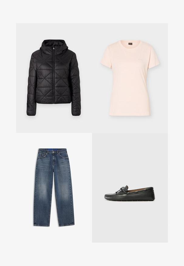 Veste matelassée noire avec capuche, dotée d'une fermeture éclair frontale et d'une texture douce et lisse. Motif en diamant sur le tissu.; T-shirt rose clair à manches courtes avec col rond, petit logo BOSS embossé sur la poitrine gauche et étiquette noire à l'intérieur du col.; Jean en denim bleu coupe droite, poches avant, passants de ceinture et légère décoloration sur les cuisses et les genoux sur fond blanc.; Bateau en cuir noir avec un bout arrondi, des détails de couture, un petit accent en nœud et une semelle en caoutchouc. Texture lisse et design épuré.
