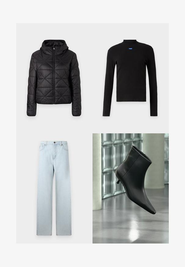 Zwarte gewatteerde jas met een capuchon, voorzien van een rits aan de voorkant en een zachte, gladde textuur. Ruitpatroon over de stof.; HUGO EASY_LONGSLEEVE - Longsleeve - schwarz; Lichtblauwe wijde spijkerbroek met hoge taille, voorzakken en knoopsluiting. Britse denimtextuur, minimale vervaging, rechte pijpdesign.; Zwarte leren enkellaars met spits toelopende neus en lage kittenhak, schuin weergegeven tegen een gepolijste vloer en een glazen blokken muur als achtergrond.