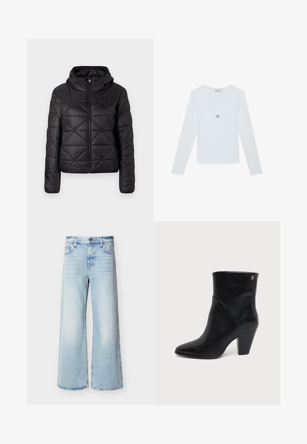Veste matelassée noire avec capuche, dotée d'une fermeture éclair frontale et d'une texture douce et lisse. Motif en diamant sur le tissu.; Chemise blanche à manches longues Calvin Klein avec encolure arrondie et petit patch logo CK centré sous le col.; Jean taille haute bleu clair à jambes larges avec poches avant, passants de ceinture et fermeture par bouton.; Bottine en cuir noir à bout pointu, talon carré et petit logo doré près du bord supérieur sur le côté extérieur.