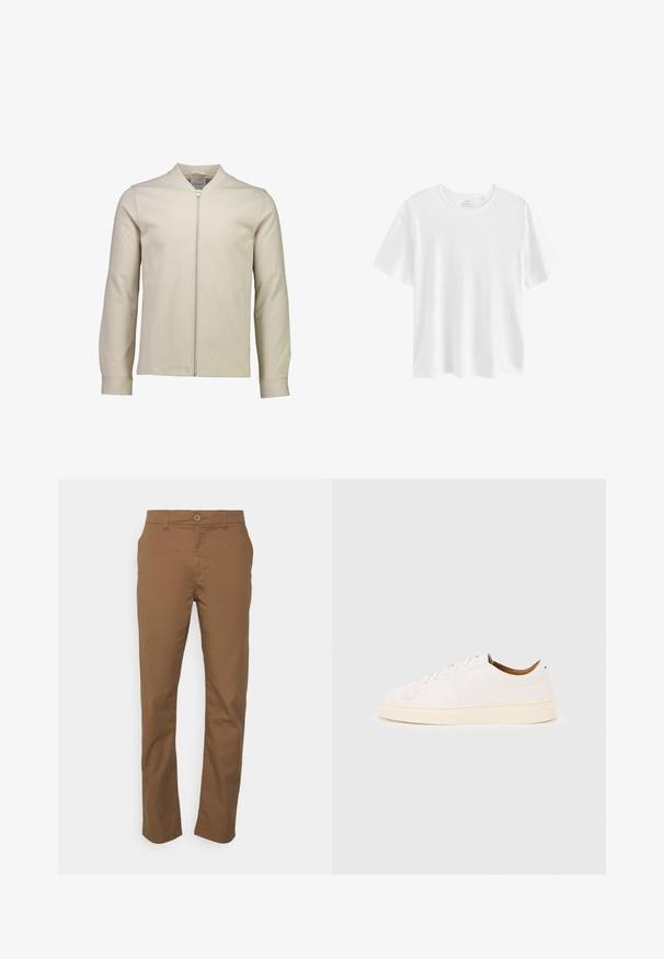 Beige zip-up jakke lavet af blødt stof, med stående krave, lange ærmer og sidelommer med en glat tekstur.; Simpel hvid T-shirt med korte ærmer og rund hals med almindelig pasform, vist på en hvid baggrund.; KnowledgeCotton Apparel Chino - brown; Hvid lavtop-sneakers med snørelukning, minimale syningsdetaljer og en cremefarvet sål på en lysegrå baggrund.