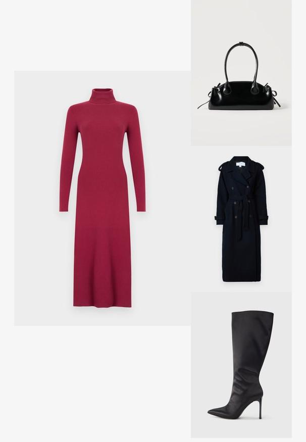 VILA VISOFIE HEAVY MAXI - Trenchcoat - navy; Burgunderfarvet ribstrikket langærmet kjole med høj hals, tætsiddende silhuet og en lige kant. Glat tekstur over det hele.; Sort knæhøj stiletstøvle lavet af glat, glansfuldt materiale; spids tå; tætsiddende pasform med let samling nær anklen; skinnende hæl.; Lille sort blank håndtaske med to lange håndtag og snøre-detaljer i siden på en ensfarvet lys baggrund.