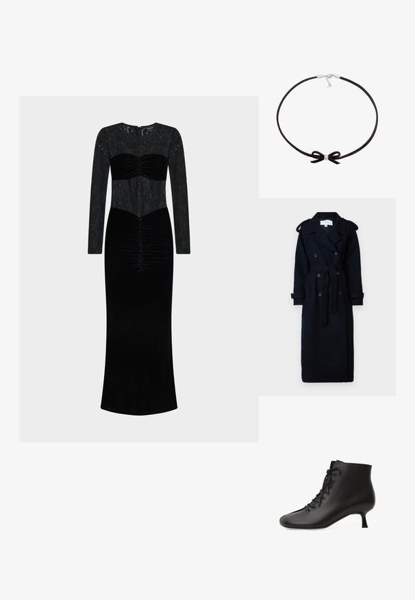 VILA VISOFIE HEAVY MAXI - Trenchcoat - navy; Sort kjole med blonder på ærmerne og fløjl på overdelen med rynkede detaljer. Gulvlængde med en lige silhuet.; Sort læder ankelstøvle med front snørebånd og lav kitten-hæl på hvid baggrund.; Sort suedebånd med en lille central sølvperle og en sløjfedetalje, der har en simpel lås med en justerbar kæde.