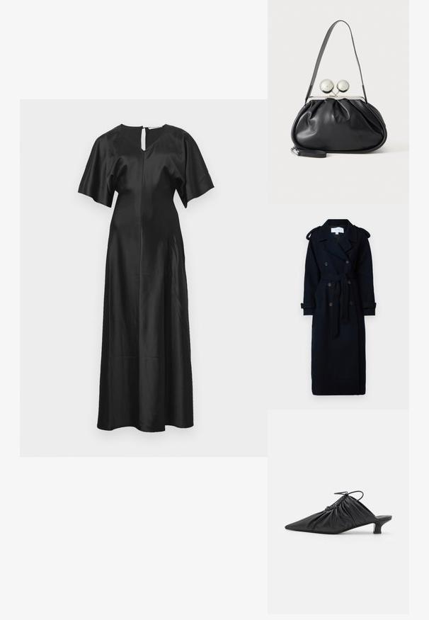 VILA VISOFIE HEAVY MAXI - Trenchcoat - navy; Sort satin kjole med afslappet silhuet, korte flagrende ærmer og åbning i ryggen med nøglehul; har en glat, blank tekstur.; Sorte læder slip-on mules med spids tå, samlet tekstur og en lille kitten heel. Har en snor-detalje ved åbningen.; Sort læderhåndtaske med opsamlet design, en enkelt rem, sølv metalramme og to store runde sølv lukninger.