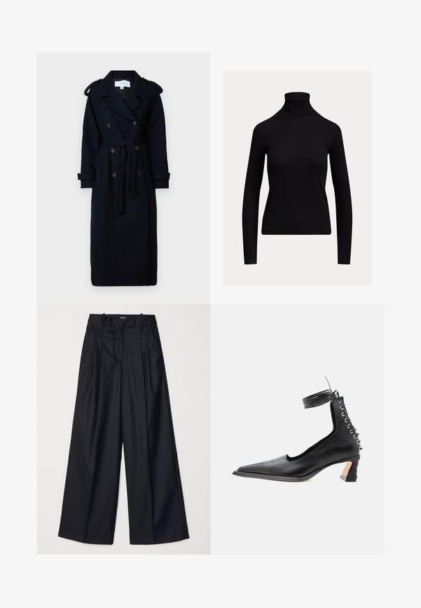VILA VISOFIE HEAVY MAXI - Trenchcoat - navy; Sort, tætsiddende rullekravebluse med lange ærmer og ribstrikket tekstur, vist på en ensartet lys baggrund.; Sorte breddebenede bukser lavet af glat stof, med høj talje, læg og skræddersyet design. Enkel sort hardware i talje.; Sort lavhælet lædersko med spids tå, snøredetalje bagpå og ankelrem mod en ensartet hvid baggrund.