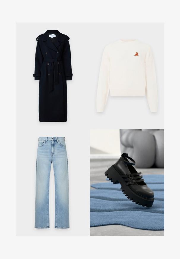 VILA VISOFIE HEAVY MAXI - Trenchcoat - navy; Hvid strikket sweater med ribbet struktur, rund halsudskæring og broderet brun bamse på venstre bryst. Lange ærmer og tætsiddende kant.; Lyseblå, højtaljede jeans med lige ben, foran lukket med knapper og lynlås, med fem lommer på ensfarvet baggrund.; Sort platformsko med tre spænderemme og en takket sål, placeret på et tekstureret blåt tæppe med en sløret baggrundsskulptur.