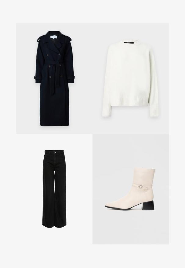 VILA VISOFIE HEAVY MAXI - Trenchcoat - navy; Hvid, strikket sweater med rund halsudskæring, ribkant ved ærmer og bund. Blød tekstur og afslappet pasform med sænkede skuldre.; Bredde ben sorte denim jeans med høj talje, fem-lomme design og sølvhardware. Stof med en glat, let tekstureret finish.; Cremefarvet ankelstøvle med en sølv spænde rem og sort blokhæl, vist i profil på en ensfarvet baggrund.