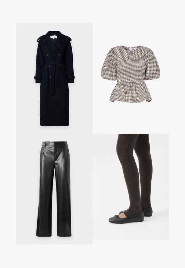 VILA VISOFIE HEAVY MAXI - Trenchcoat - navy; Smokket peplum top med en stor krave. Fremstillet af et ternet stof i afdæmpede nuancer. Puffærmer og samlet detaljering.; Sorte læder bukser med bred benvidde og en glat tekstur, der har en mid-rise talje og diskrete skrædderlinjer foran.; Ben iført mørke ribbede leggings kombineret med sorte balletsko med små sløjfedetaljer på hvid baggrund.