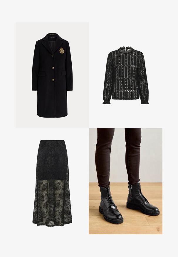 Schwarzer langer Wollmantel mit goldenen Knöpfen und einem gold bestickten Wappen auf der linken Brustseite, mit einem Reverskragen und Pattentaschen.; Schwarze Bluse mit langen Ärmeln aus strukturierter Spitze mit geometrischem Muster, rundem Ausschnitt und gerafften Manschetten. Mit gestickten Akzenten verziert.; Schwarze Spitzen-Maxiröcke mit Blumenmuster und durchsichtiger unterer Hälfte. Elastischer Bund und solider oberer Bereich bieten einen kontrastierenden Textur- und Designmix.; Schwarze LederStiefeletten mit Brogue-Details, Schnürung, seitlichen Reißverschlüssen und strukturierten Gummi-Sohlen. Kombiniert mit dunklen Slim-Fit-Hosen.