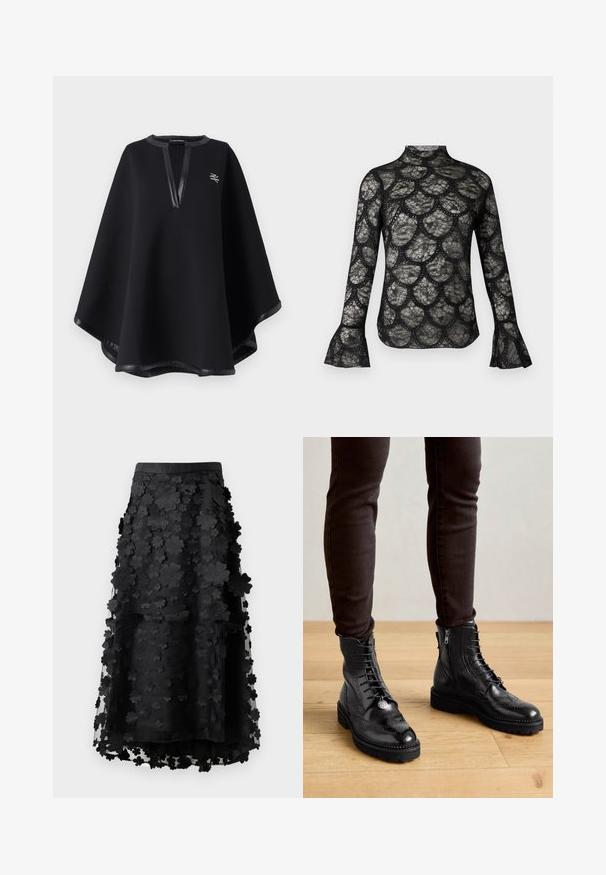 Poncho negro hecho de una tela suave, con un escote en V profundo y ribete de cuero sintético, además de un logo bordado. Acabado liso y texturizado.; Top de encaje negro con cuello alto y mangas largas acampanadas, con un patrón de borde festoneado en toda la tela.; Falda midi negra hecha de tejido transparente con aplicaciones florales en capas. Cuenta con una cinturilla suave y una silueta fluida. Sin cierres visibles.; Botas negras de cuero hasta el tobillo con detalles de brogue, cordones en la parte delantera, cremalleras laterales y suelas de goma texturizadas. Combinadas con pantalones oscuros de corte slim.